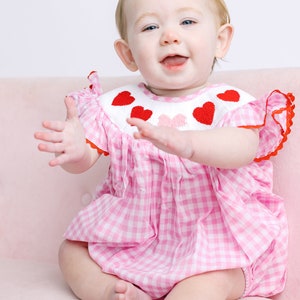 Valentine Smocked Bubble Romper Red Hearts and Bows on Pink Gingham matching sibling, heirloom, vintage, baby girl smock outfit image 8