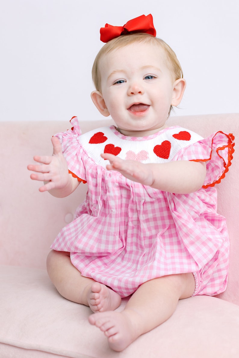 Valentine Smocked Bubble Romper Red Hearts and Bows on Pink Gingham matching sibling, heirloom, vintage, baby girl smock outfit image 8