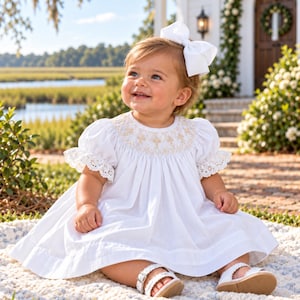Smocked Cross Dress in White with Cream Crosses and lace sleeves -Baptism, Christening, Baby Girl, Heirloom , Flower Girl, Bishop 241 *E