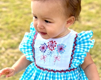 Fireworks Avignon Dress - Smocked and Embroidered - 4th of July, Summer, Memorial Day, military, Fourth of July, baby girl outfit, vintage