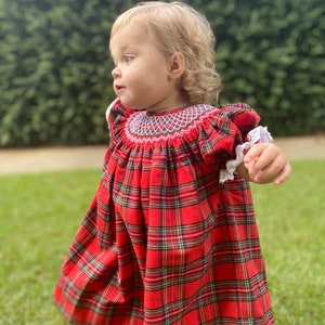 Weihnachtliches Smockkleid - kariertes Bischofskleid mit Klassischer Smokerei, passende Outfits für Bruder, Schwester und Mama, Erbstück, Vintage 293 *G