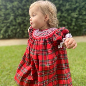 Christmas Smocked Dress - Plaid Bishop Dress, Santa, brother, sister and mommy matching outfits, heirloom, classic, vintage, embroidered