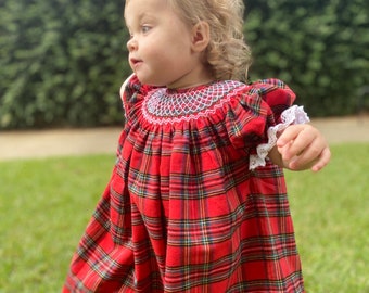 Christmas Smocked Dress - Plaid Bishop Dress, Santa, brother, sister and mommy matching outfits, heirloom, classic, vintage, embroidered