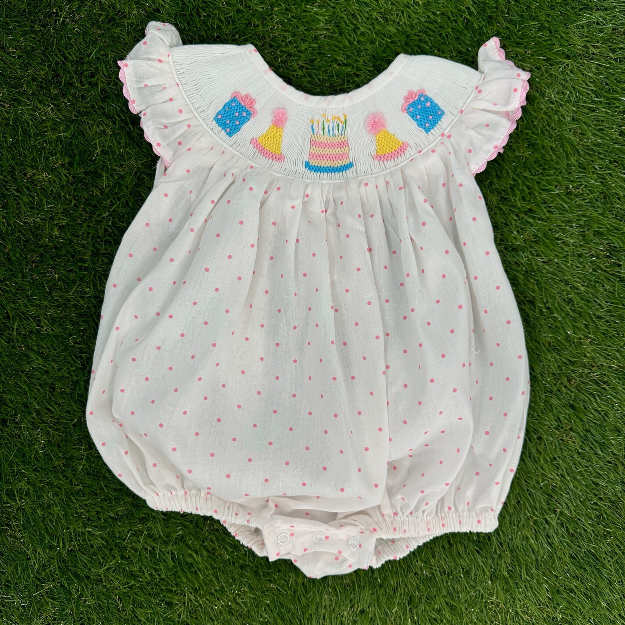 Smocked Birthday Bubble Romper in Polka Dots & Flutter Sleeves   - Birthday Party Outfit, Baby girl, Heirloom, Machine Washable 641 *C