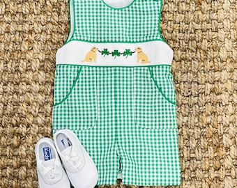 Shamrock Smocked Shortall with Puppies in Green Gingham! - St. Patrick's Day Jon Jon, Pockets, Vintage Style, Smocked Labs, Smocked Dogs