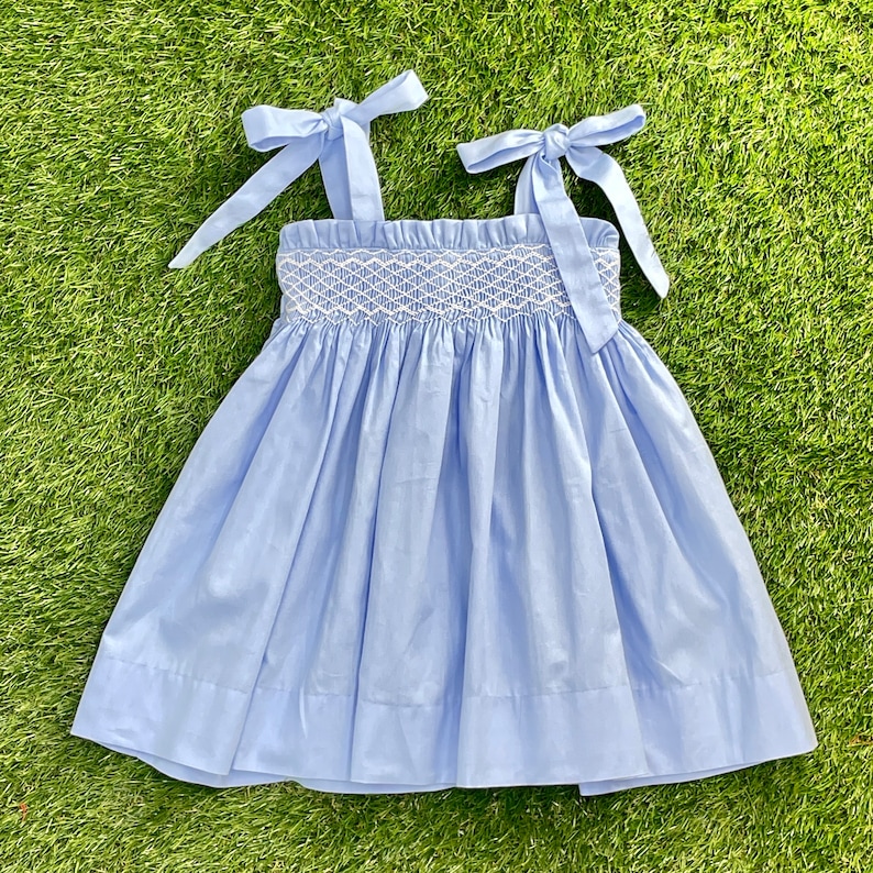Smocked Lyon Dress in Blue with Tie Straps Vintage Style, Heirloom, Easter, Baby Girl image 6