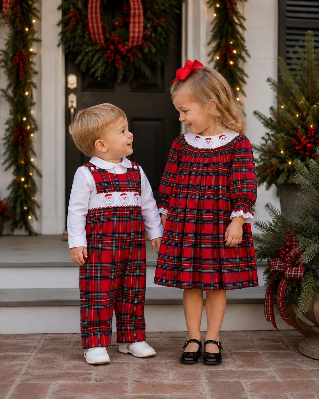 Santa Smocked Christmas Dress in Plaid - Long Sleeve Christmas Outfit, Heirloom, Girl Bishop Dress, Vintage Style, Matching Outfits. 674 *G