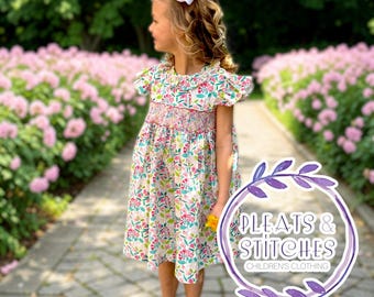 Smocked Madrid Dress in Vibrant Floral-  Hand Smocked Bishop, Baby Girl, Liberty, Heirloom Easter, Vintage, Matching Sibling 727 *G