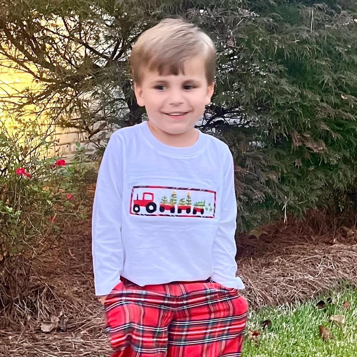 Smocked Christmas Tractor Shirt in White Knit (Pants Sold Separately), Christmas long-sleeve shirt, Christmas Tree, Boys Shirt, 680 *A