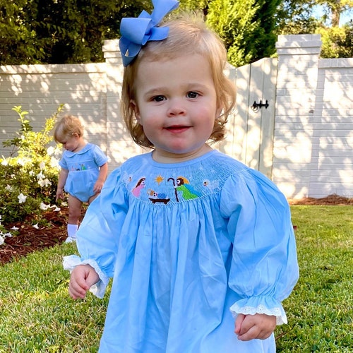 Nativity Christmas Smocked Dress in Light Blue Etsy