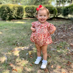 Gallop in Berrywood - Linen Baby Girl Smocked Romper (Tie-Strap)