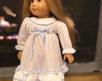 Christmas Doll Nightgown in White with Blue Ribbon - Matching Outfits! - Fits American Girl doll, Clara Nutcracker, Christmas Morning