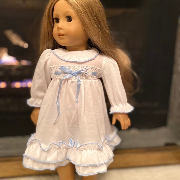 Christmas Doll Nightgown in White with Blue Ribbon - Matching Outfits! - Fits American Girl doll, Clara Nutcracker, Christmas Morning