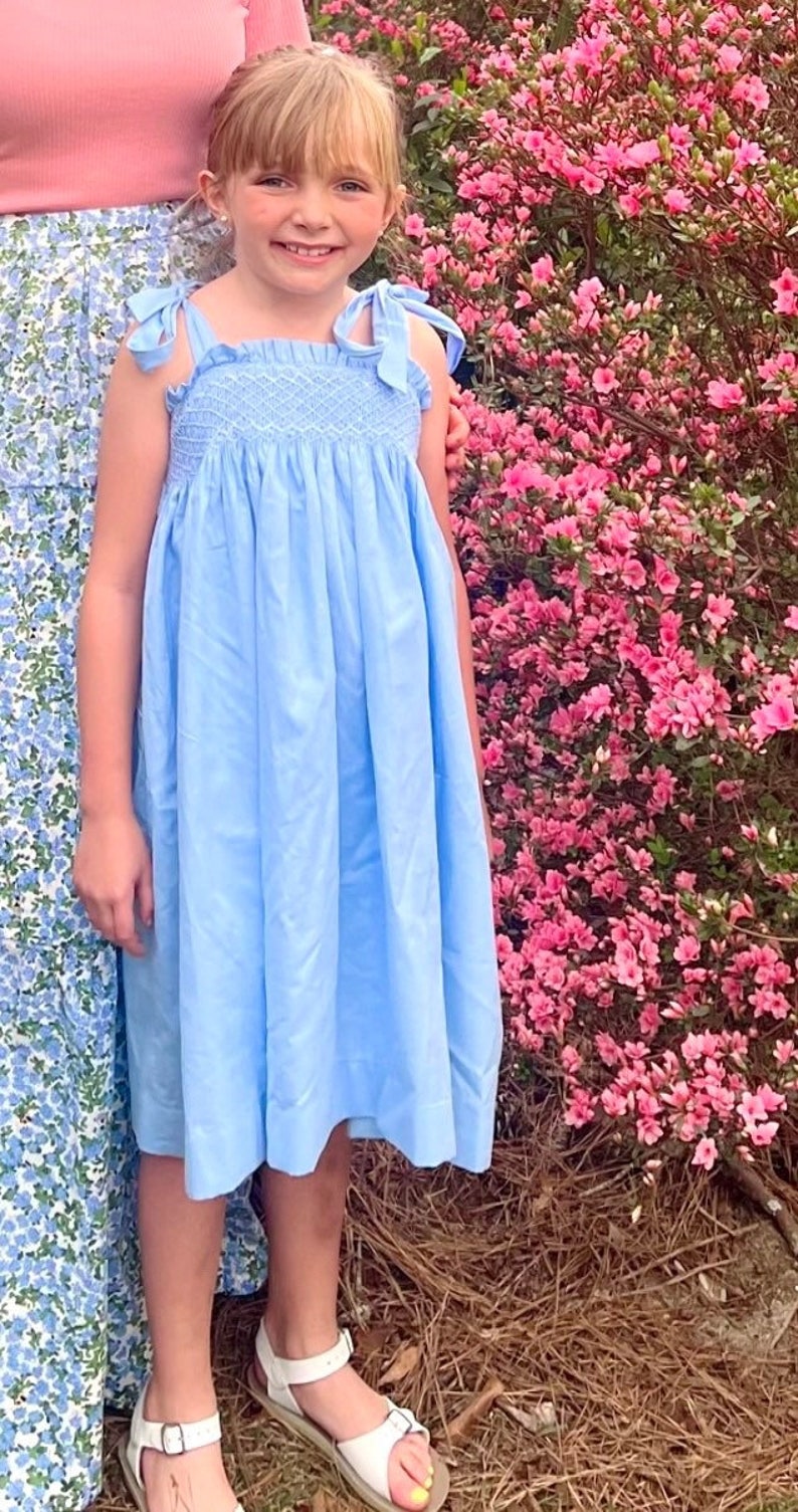 Smocked Lyon Dress in Blue with Tie Straps Vintage Style, Heirloom, Easter, Baby Girl image 4