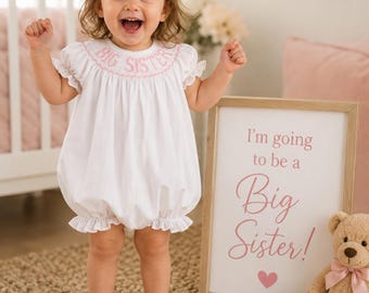 Big Sister Smocked Bubble - Coordinating Baby Brother & Baby Sister outfits, Gender Reveal, Baby Gift, Baby Girl 623 *F