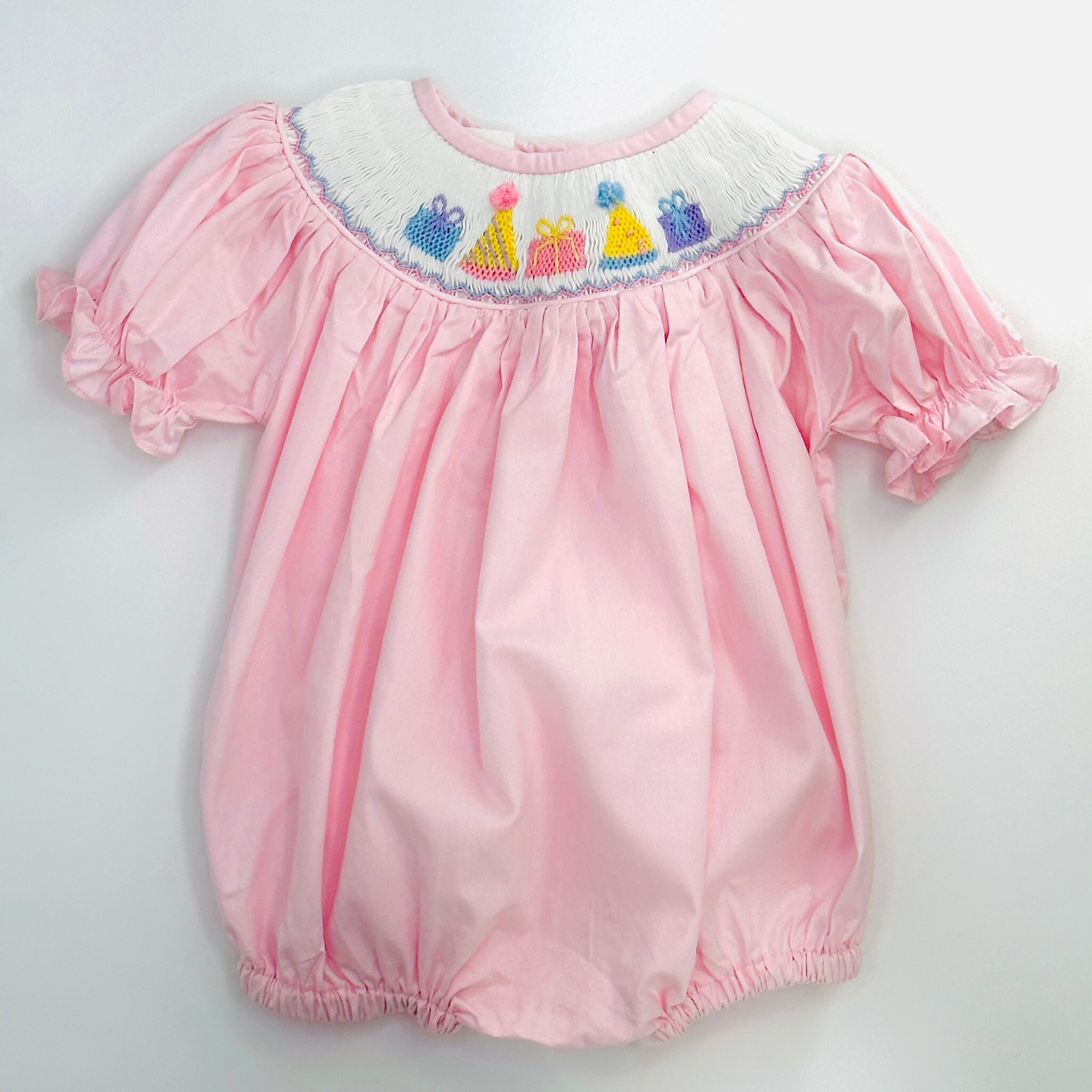 Birthday Smocked Bubble Romper in Pink - Birthday party outfit, Baby girl, Heirloom, Vintage style, machine washable 519 *C