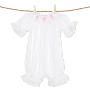 Smocked Cross Bubble Romper in White with Pink Crosses and Lace Baptism, Christening, Baby Girl, Heirloom, Bishop Style image 4
