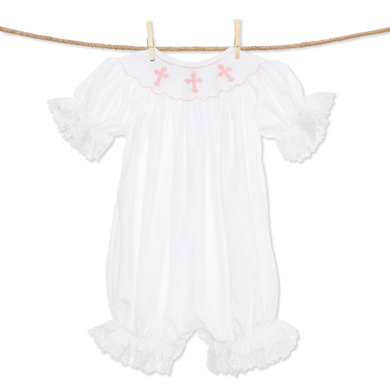 Smocked Cross Bubble Romper in White with Pink Crosses and Lace Baptism, Christening, Baby Girl, Heirloom, Bishop Style image 4