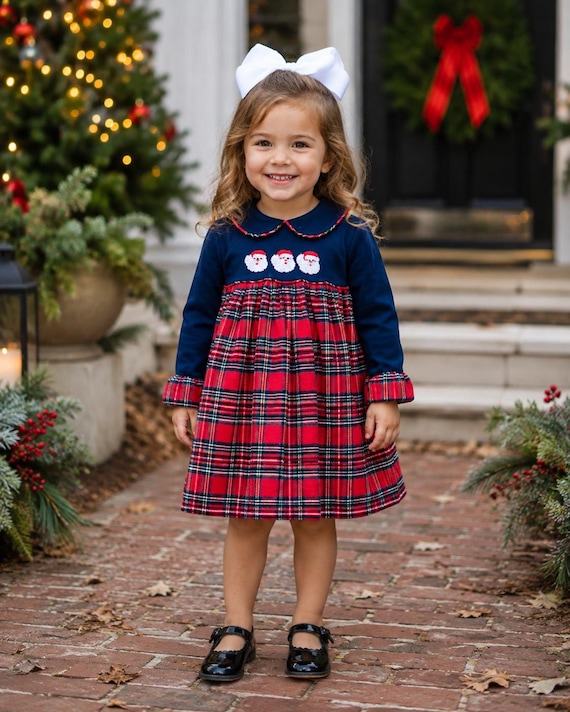 Santa Christmas Dress in Navy and Plaid - French Knot Santa, Heirloom, Girl Dress, Vintage Style, Matching Outfits. 679 *G