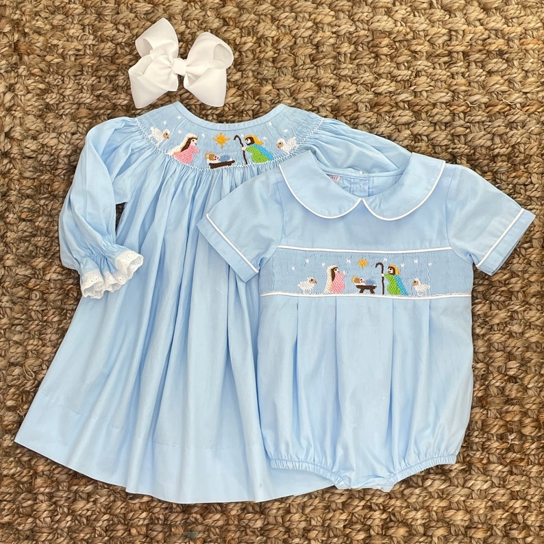 Nativity Christmas Smocked Dress in Light Blue Etsy