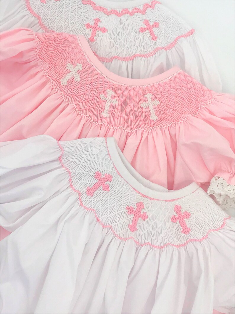 Smocked Cross Dress White with pink