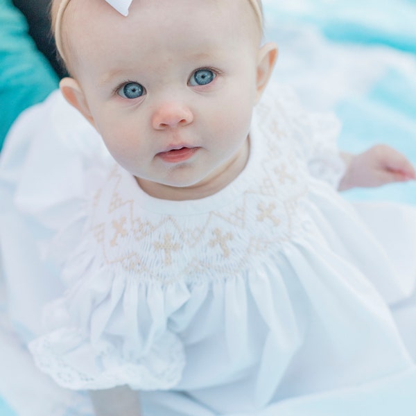 Smocked Cross Dress in White with Cream Crosses and lace sleeves -Baptism, Christening, Baby Girl, Heirloom dress, Flower Girl, Bishop Style