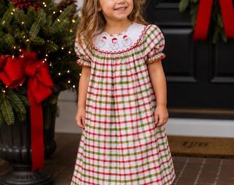 plaid smocked christmas dress Santa a gathered skirt