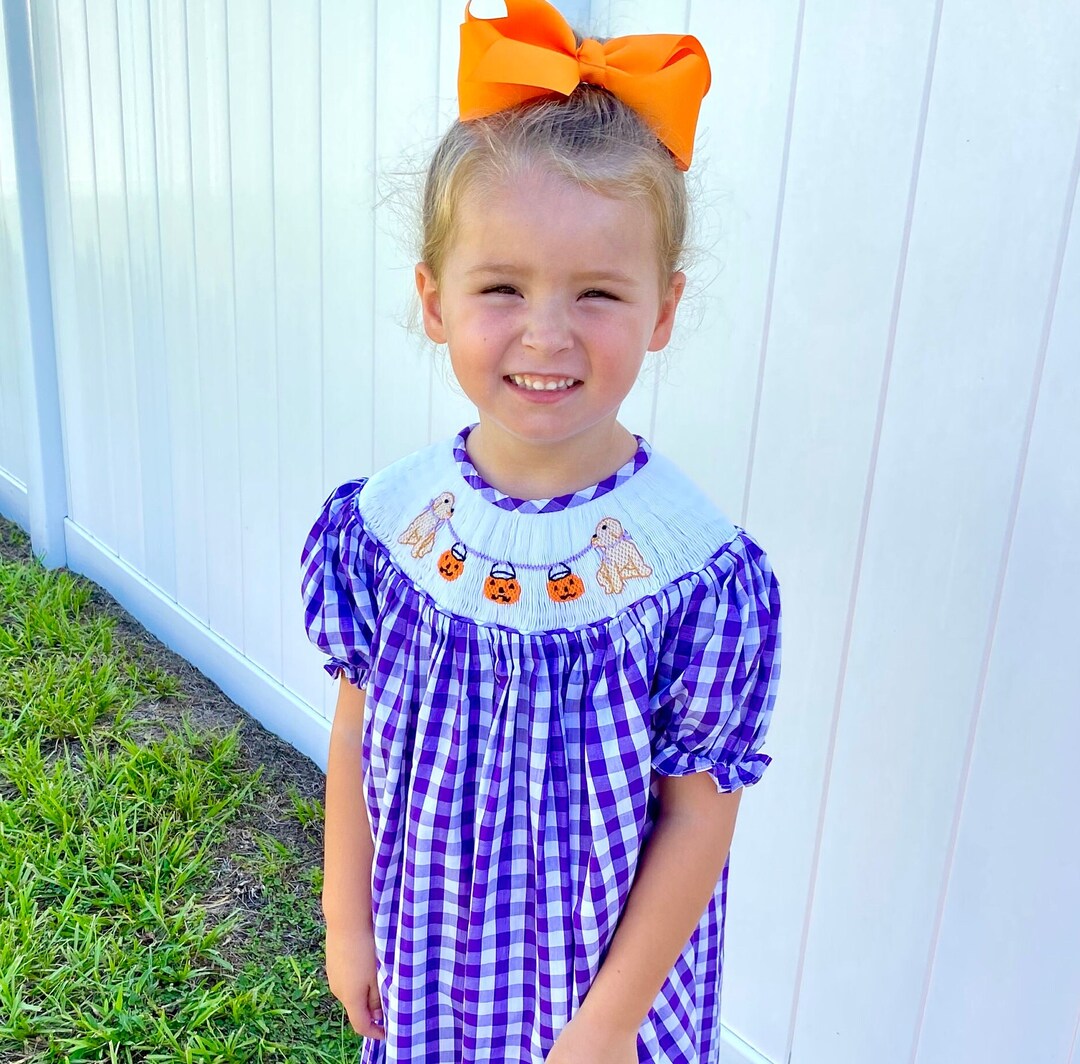 Petit Bebe Girls Purple Gingham Smocked Halloween Bishop Dress