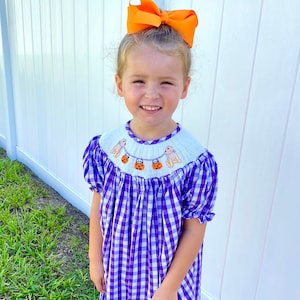 Smocked Halloween Dress with Puppies and Jack o’lantruns - Bishop Dress, Fall dress, baby girl