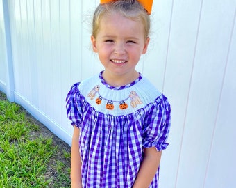 Smocked Halloween Dress with Puppies and Jack o’lantruns - Bishop Dress, Fall dress, baby girl