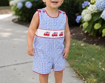 Smocked Flag & Truck Shortall in Light Blue Gingham - American Flag Jon Jon, 4th of July, Memorial Day, Army Navy Marine Graduation 435 *A