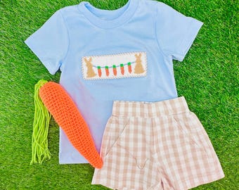Easter Bunny Smocked Shirt on Blue Knit! (shorts sold separately) Smocked Easter Rabbit, Sister and Baby Brother Matching 704 *A