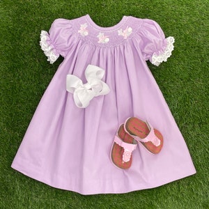 Bunny Smocked Dress - Easter Lavender Bishop dress, Lace sleeves - Heirloom, Vintage Style, Machine washable 408 *G