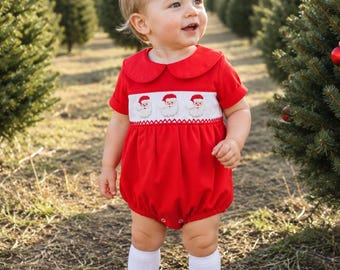 Santa Smocked Christmas Boy Bubble in Red - Christmas outfit, Heirloom, Boys Christmas Outfit, Baby Boy, Vintage Style 314 *A