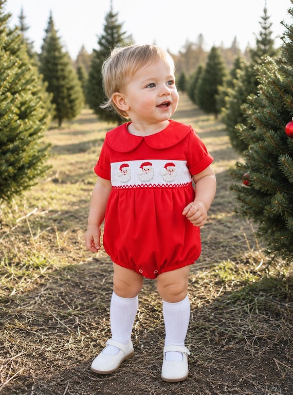 infant smocked christmas dress Santa Boy Bubble in Red - Christmas Outfit, Heirloom, Boys Christmas Outfit, Baby Boy, Vintage Style 314 *A Off-the-shoulder crepe midi dress English Footwear Sale as well as a Primary color:Off-White baby girl christmas dress