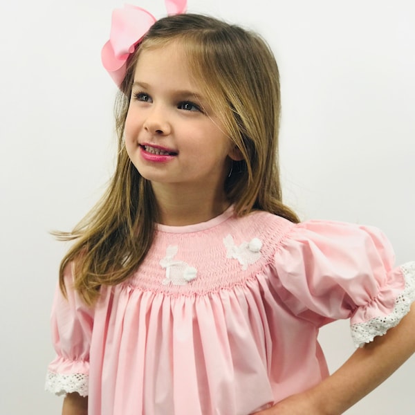Bunny Smocked Dress - Easter Pink Bishop dress, Lace sleeves - Heirloom, Vintage Style, Machine washable