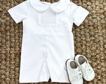 Smocked Button Shortall in White with Buttons -Ring Bearer, Easter, Baptism, Christening, Wedding, Matching Dresses Available