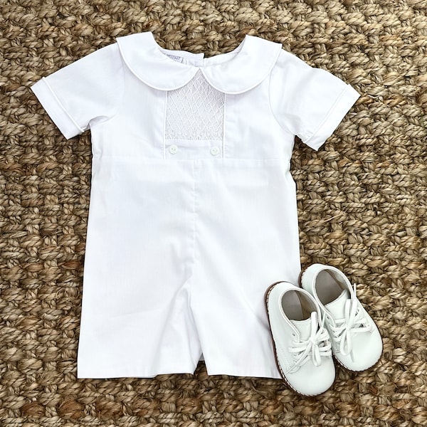 Smocked Button Shortall in White with Buttons -Ring Bearer, Easter, Baptism, Christening, Wedding, Matching Dresses Available