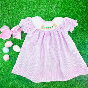 Easter Bunny Smocked Dress in Pink Seersucker, Easter Bishop Dress, Matching Sibling, Baby Girl, Heirloom 701 *G