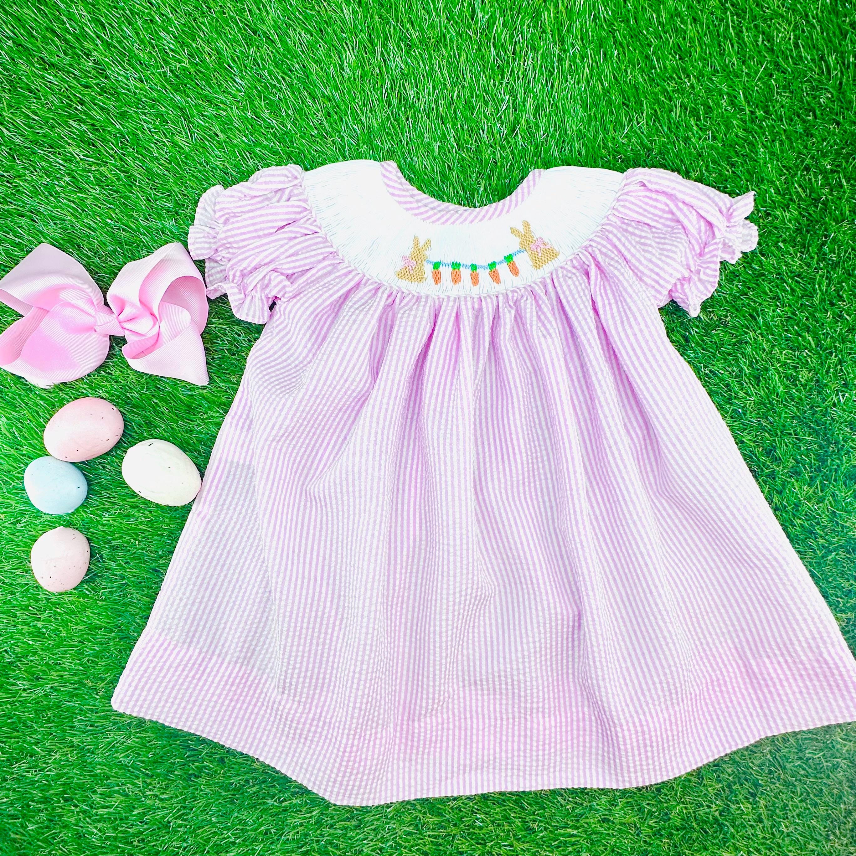 open lace back dress Easter Bunny Smocked Romper in Lavender with Lace – Pleats and Stitches