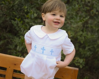 Smocked Heirloom Cross Bubble  - White with Blue Crosses -  Baptism, Easter, Christening, Ring Bearer, Vintage Style, baby boy outfit