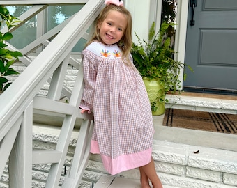 Smocked Turkey Thanksgiving Dress in Tan and Pink! Fall, Bishop Dress, Vintage Style, Heirloom, Baby Girl, Sibling match, long sleeve 546 *G