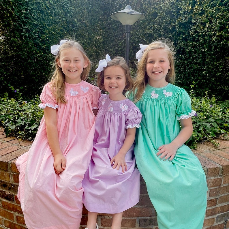 Bunny Smocked Dress Easter Pink Bishop dress, Lace sleeves Heirloom, Vintage Style, Machine washable image 6
