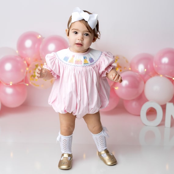 Birthday Smocked Bubble Romper in Pink Birthday Party Outfit