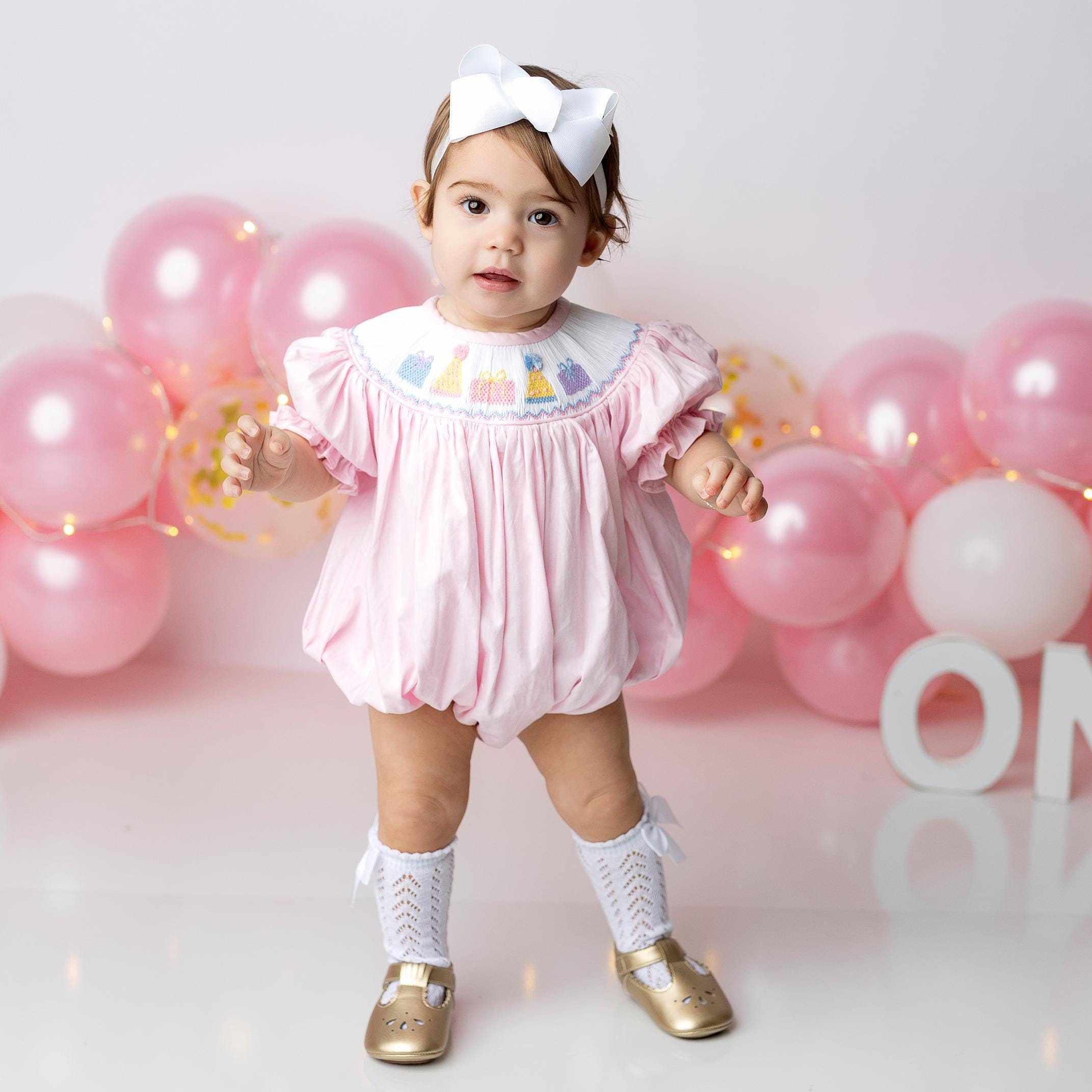 Birthday Smocked Bubble Romper in Pink - Birthday Party