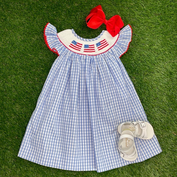 Flag Smocked Dress in light blue gingham -  Bishop Style, American Flag, 4th of July, Memorial Day, Army Navy Marine Graduation, Baby Boy