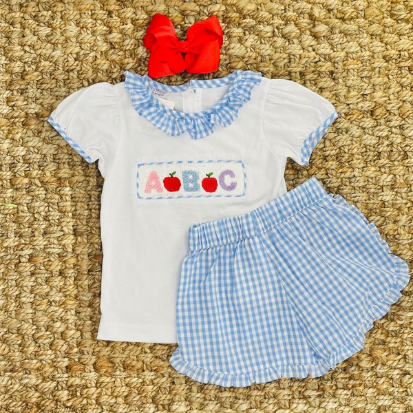 ABC Smocked School Shirt in cotton knit - (shorts sold separately) Girls, Frist Day of School, Soft cotton