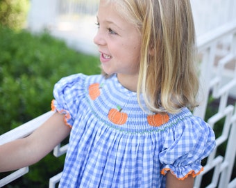 Smocked Pumpkin Dress in Blue Gingham -   Fall, Thanksgiving, Halloween, Pumpkin Patch, Vintage Style, Heirloom, Baby Girl, Sibling match