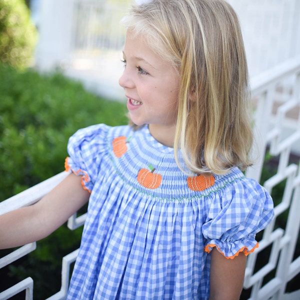 Smocked Pumpkin Dress in Blue Gingham -   Fall, Thanksgiving, Halloween, Pumpkin Patch, Vintage Style, Heirloom, Baby Girl, Sibling match