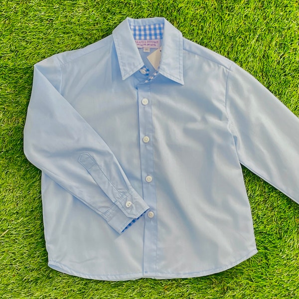 Blue Oxford Shirt with blue gingham Accents - Classic button-up, Easter, Everyday, Church Shirt